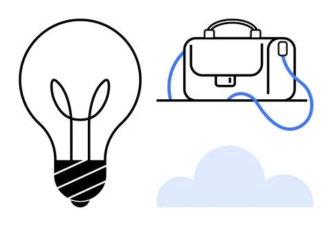 Light bulb next to a briefcase with a blue cord above a cloud shape Stock Illustration