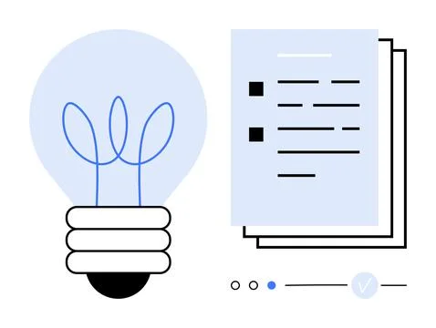 Light bulb next to document with bullet points, slider, and checkmark icon at Illustrazione stock