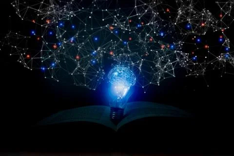 Light bulb on open book with virtual brain and connection line network educat Stock Photos
