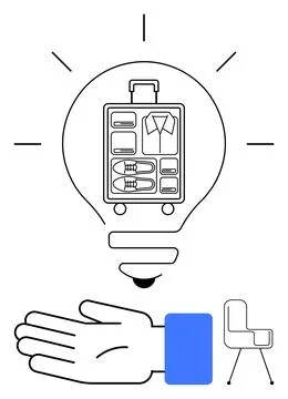 Light Bulb with Organized Suitcase on Hand, Representing Travel and Ideas Stock Illustration