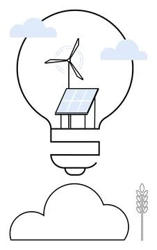 Light bulb outline containing wind turbine and solar panel, surrounded by clo Stock Illustration