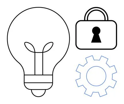 Light bulb outline representing innovation, padlock symbolizing security, and Illustrazione stock