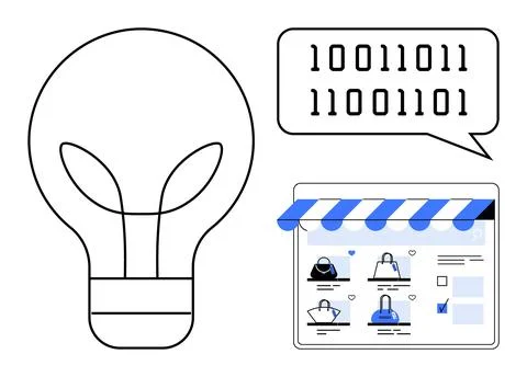 Light bulb outline, speech bubble with binary code, and tablet displaying onl Stock Illustration