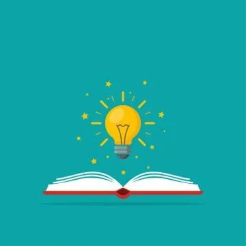 Light bulb over the book as a symbol of knowledge, the birth of ideas. Stock Illustration
