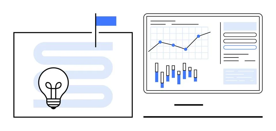Light bulb over twisty path with flag and data dashboard with graphs and char イラスト素材