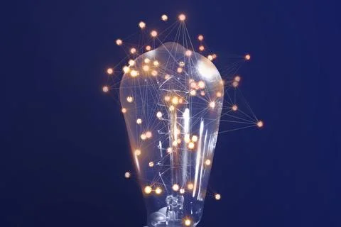 Light bulb with pattern of connected dots on blue gradient background. Idea.. Illustrazione stock