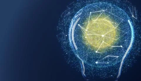 Light bulb with pattern of connected dots on blue gradient background. Idea.. Illustrazione stock