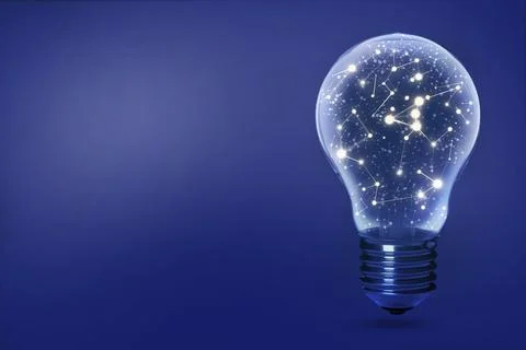 Light bulb with pattern of connected dots on blue gradient background. Idea.. Stock Illustration
