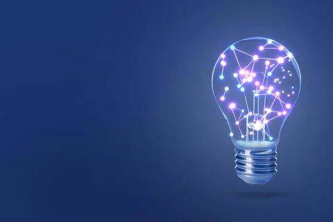 Light bulb with pattern of connected dots on blue gradient background. Idea.. Stockfoto's