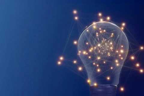 Light bulb with pattern of connected dots on blue gradient background. Idea.. Stockfoto's