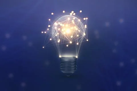 Light bulb with pattern of connected dots on blue gradient background. Idea.. Stock Photos