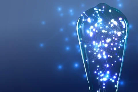 Light bulb with pattern of connected dots on blue gradient background. Idea.. Stockfoto's