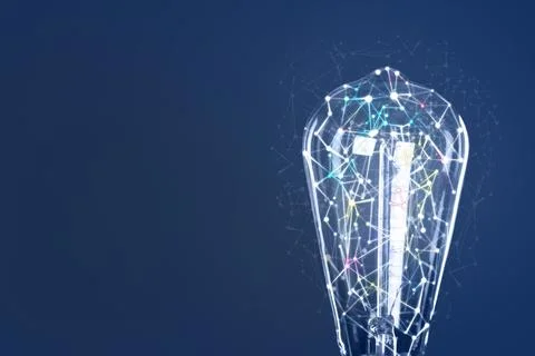 Light bulb with pattern of connected dots on blue gradient background. Idea.. Stockfoto's