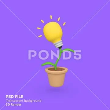 Light bulb plant ideas with pots isolated 3d render icon illustration PSD Template