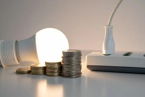 Light bulb on, with plug and coins next to it. Energy costs. Stock Photos
