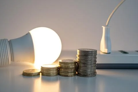 Light bulb on, with plug and coins next to it. Energy costs. Stock Photos