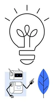 Light bulb with rays robot with antenna and pointing arm, and blue leaf. Idea Stock Illustration