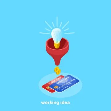 A light bulb in a red watering can and gold coins, an isometric image Stock Illustration