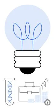 Light bulb representing ideas above DNA test tube, briefcase, financial graph Stock Illustration