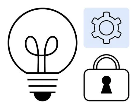 Light bulb representing ideas, gear symbolizing settings, and padlock for sec Stock Illustration