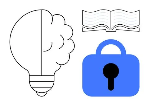Light bulb representing innovation, open book symbolizing knowledge, and blue Stock Illustration