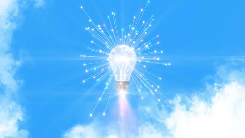 Light Bulb rocket flying in sky smart connection imagination Startup ideas innov Video stock 267004146