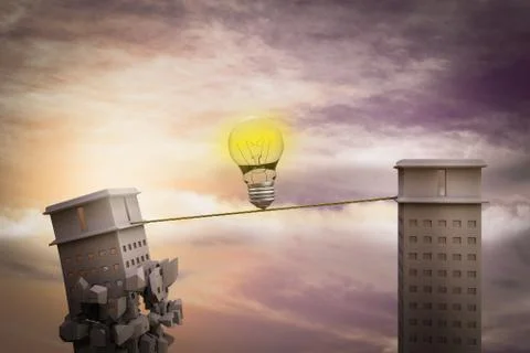 Light bulb on a rope with one skyscraper ready to collapse. Stock Illustration