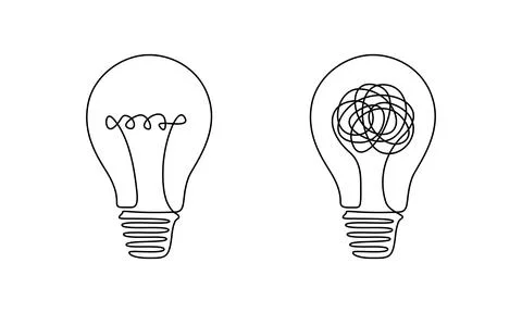 Light bulb with scribbles in one continuous line drawing. Concept of chaos and Stock Illustration