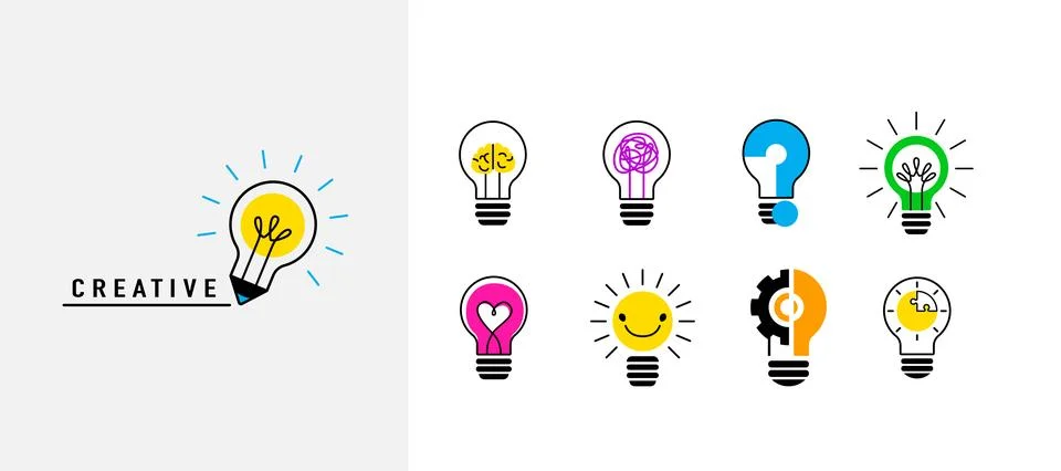 Light bulb set, creative logo vector illustration. Stylized electric lamp with Stock Illustration