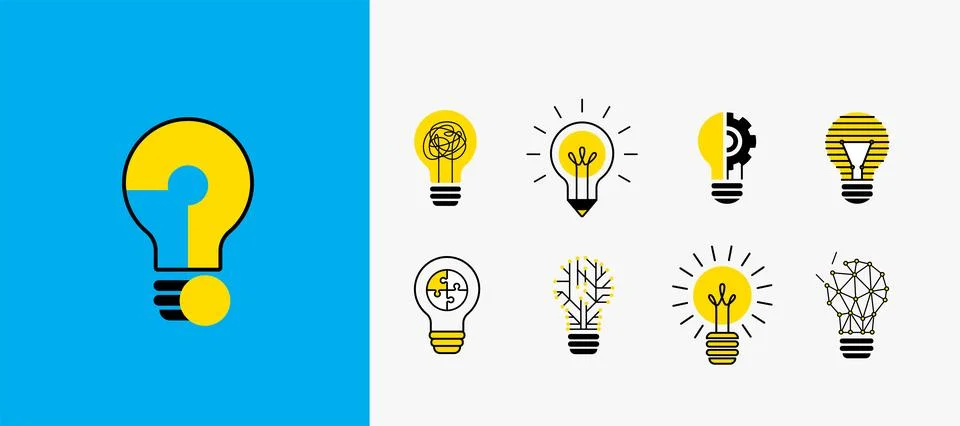 Light bulb set, creative logo vector illustration. Stylized electric lamp with Stock Illustration