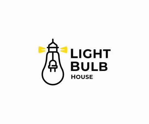 Light bulb shaped lighthouse logo. Navigation beacon and electrical plug vector Stock Illustration