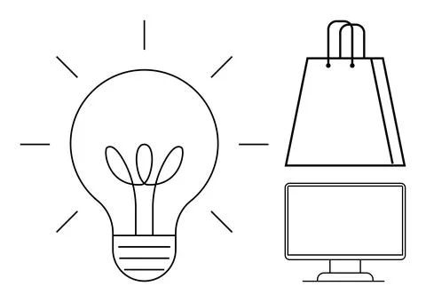 Light bulb, shopping bag, computer monitor suggesting creativity, online shop 스톡 일러스트