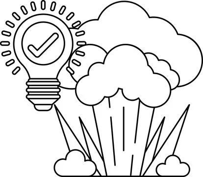 A light bulb is shown with a check mark on it, and a cloud is shown above it Illustrazione stock