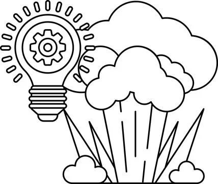 A light bulb is shown with a gear on it, and a cloud is in the background Illustrazione stock