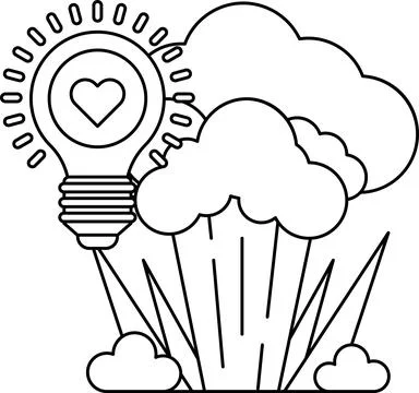 A light bulb is shown with a heart on it, and a cloud is in the background 스톡 일러스트