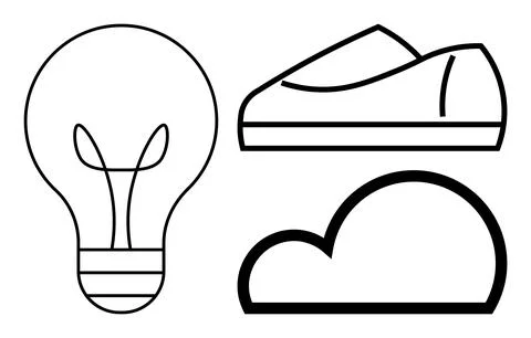 Light bulb, sneaker, and cloud outlined in black. Ideal for concepts like cre Stock Illustration