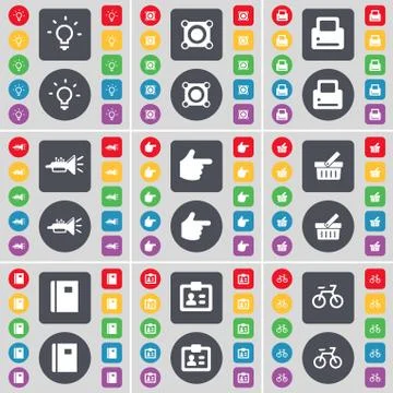 Light bulb, Speaker, Printer, Trumped, Hand, Basket, Notebook, C icon symbol. A Stock Illustration