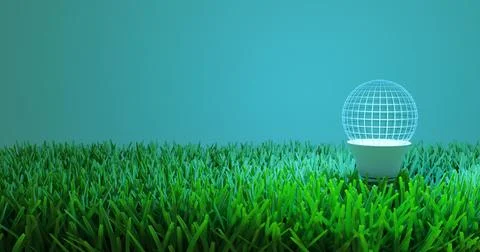 Light bulb sphere planet on grass. Ecology green energy earth day. Illustrazione stock
