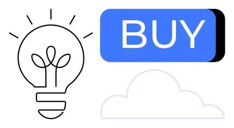 Light bulb with sprout next to large blue Buy button and outlined cloud symbo Stock Illustration