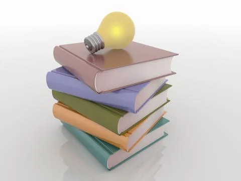 Light Bulb on Stack of Books, Knowledge Solution Concept Stock Illustration