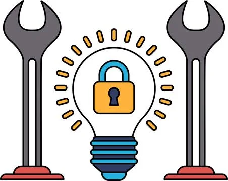 A light bulb is surrounded by two wrenches and a lock Illustration