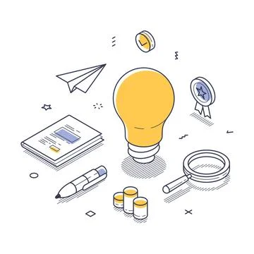 Light bulb surrounded by various elements like a pen, notepad, coins, and a m イラスト素材