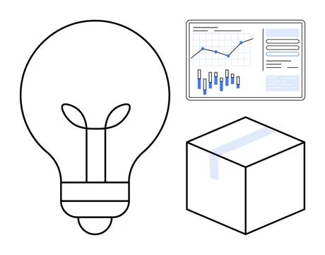 Light bulb symbolizing ideas, data analysis screen with charts, and a sealed  Stock Illustration