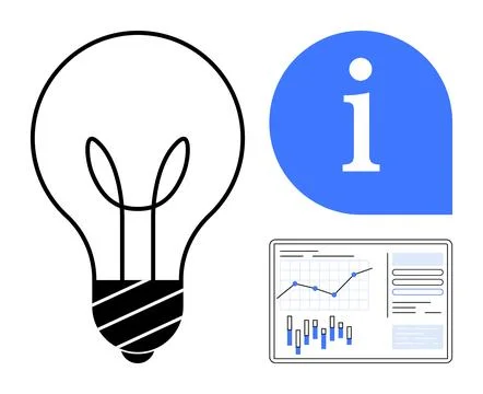 Light bulb symbolizing ideas, information icon, and data analytics dashboard  イラスト素材