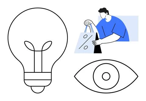 Light bulb symbolizing a new idea, person holding shopping bags with a percen Stock Illustration
