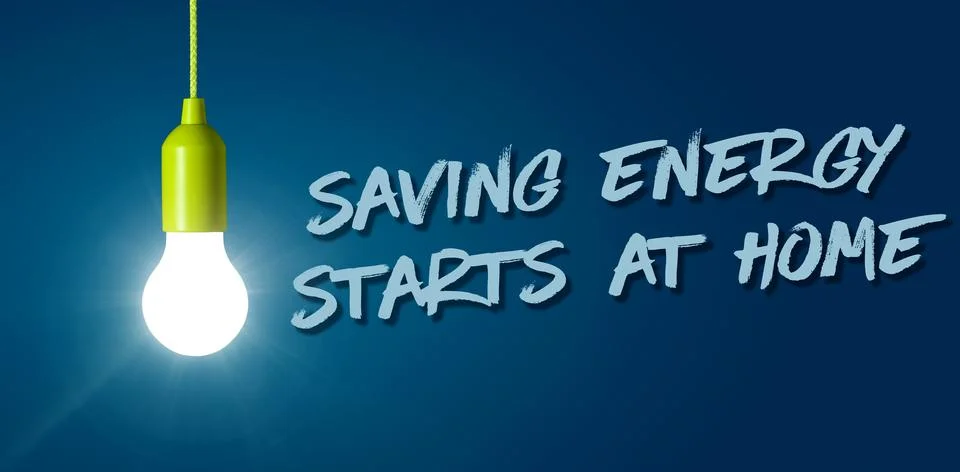 A light bulb with the text Saving Energy Starts at Home 스톡 사진