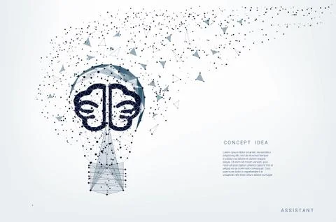 Light bulb of triangles and luminous brain and points. Background light gray  Stock Illustration