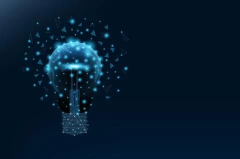 Light bulb of triangles and luminous points. Background of beautiful dark blu Stock Illustration