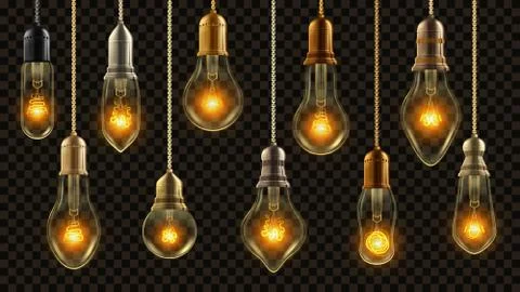 Light Bulb Vintage Set Vector. Glowing Shine Lamp. Transparent 3D Realistic Illustrazione stock