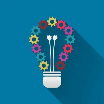 Light bulb which has of colorful gears with long shadow black,Simple design s Stock Illustration
